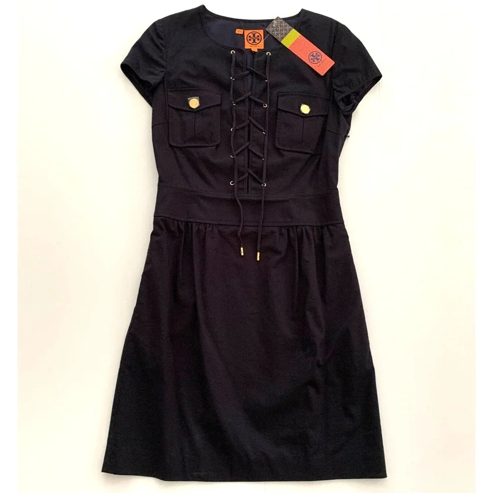 NWT Tory Burch Farla Lace Up Dress 0 00 XS Cotton‎ Safari Military $375 Navy